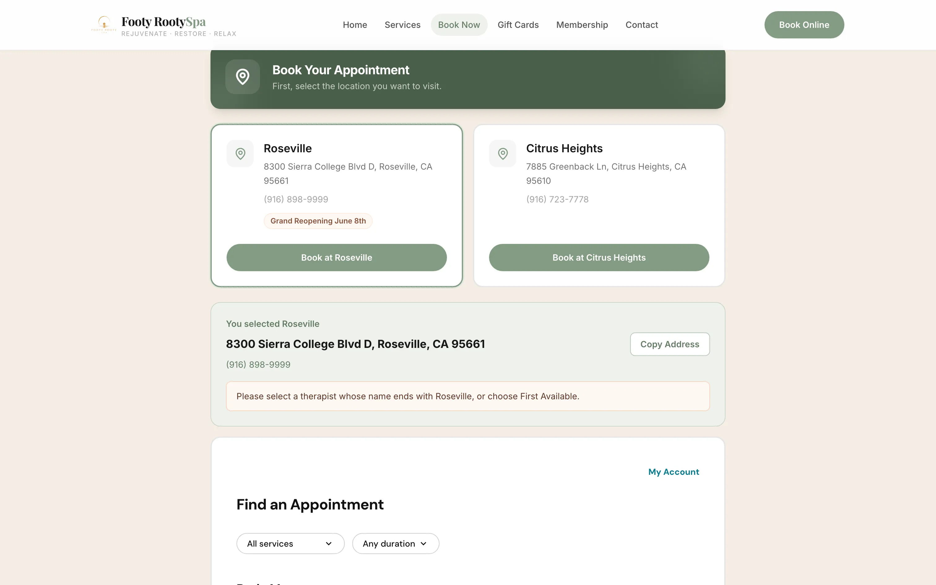 Booking with a location selected