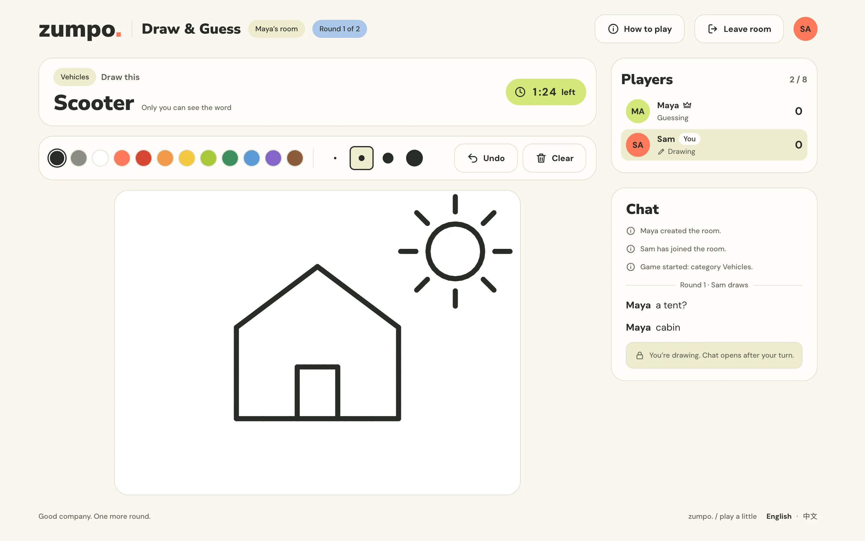 Draw & Guess - the drawer's view, with the word and the brushes