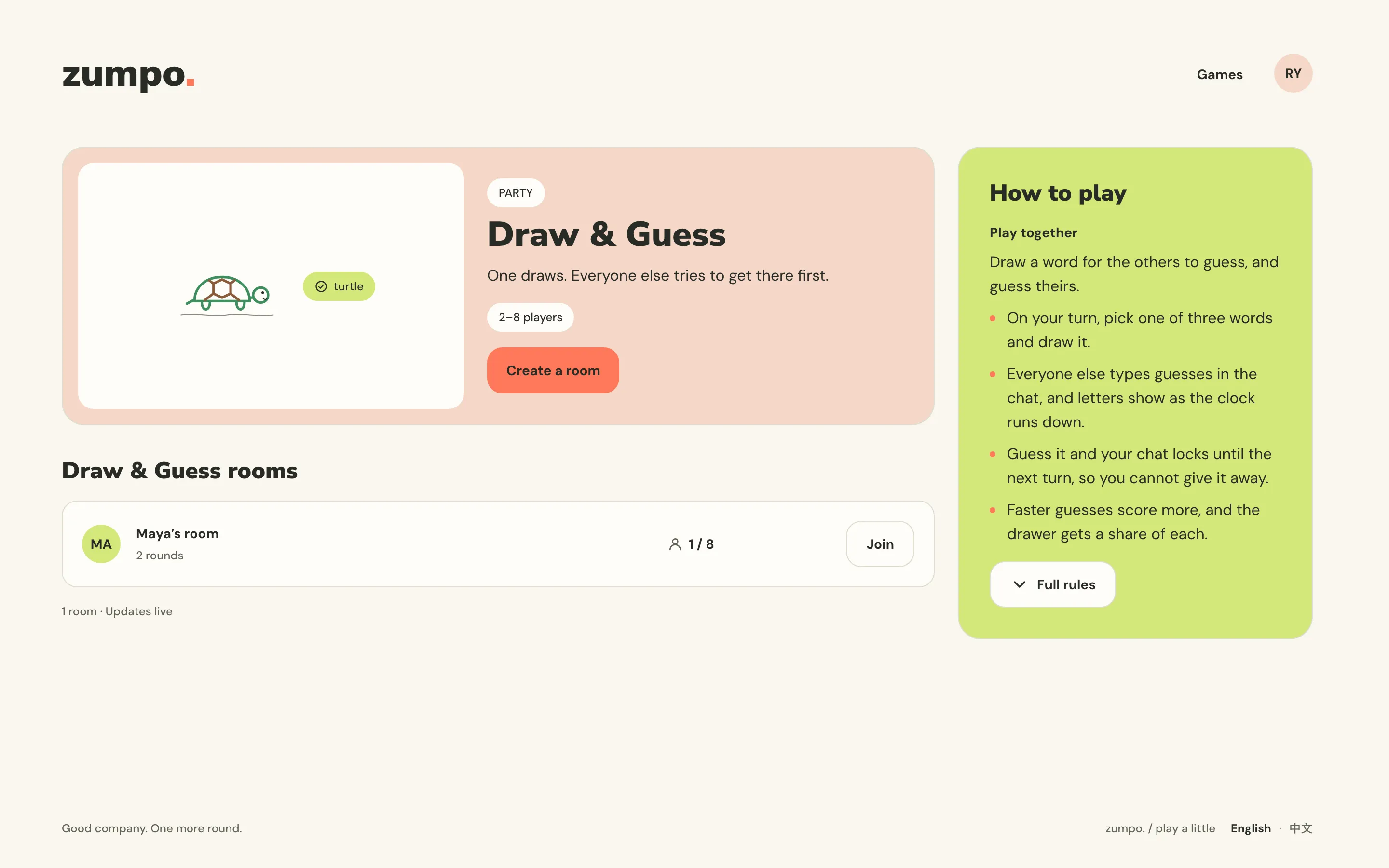 Draw & Guess - the game page, with its open rooms updating live